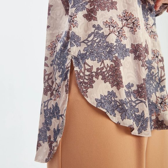 Tree Patterned Loose Silk Shirt - Beige - Picture 4 of 10